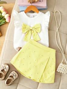 Elladie kids 4-7岁女童两件套：可爱蝴蝶结装饰串珠短袖上衣和松紧腰串珠开衩短裤，适合日常生活、派对和其他场合。 - 黃色 - 查看 3