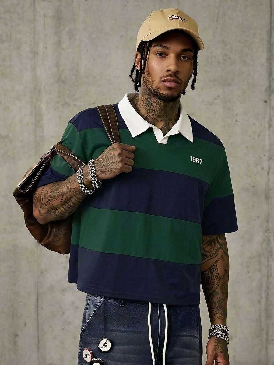 AXEPEAK 男士针织休闲日常宽松短袖纽扣 Polo 衫 - 墨綠色 - 查看 1