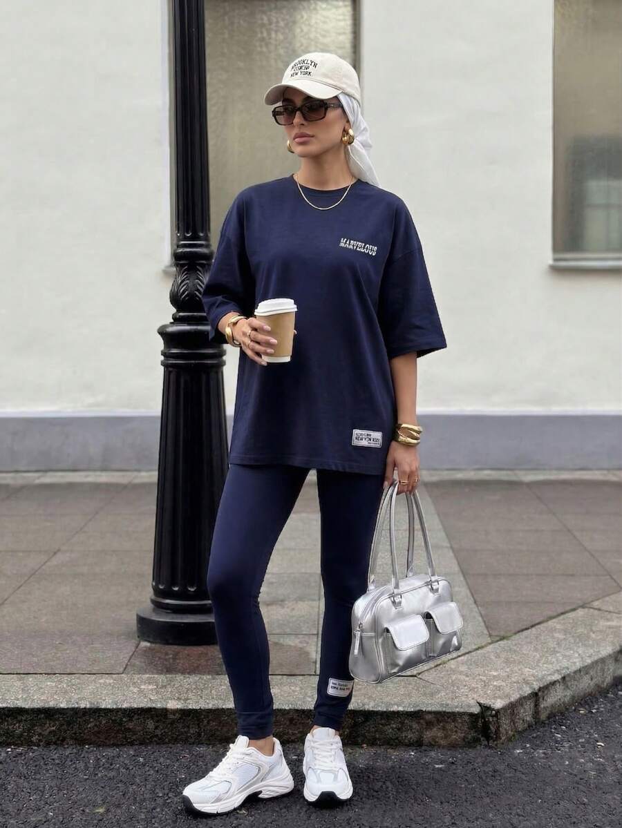 Solavon 2pcs/Set Women Letter Print Dropped Shoulder Round Neck T-Shirt And Pants, Casual Outfit 2 Pieces Set - Navy Blue - View 1