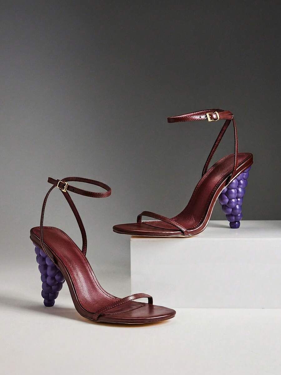 SHUZIA Women PU Ankle-Strap Chic Avant-Garde Grape Shape Heeled Sandals - Burgundy - View 1