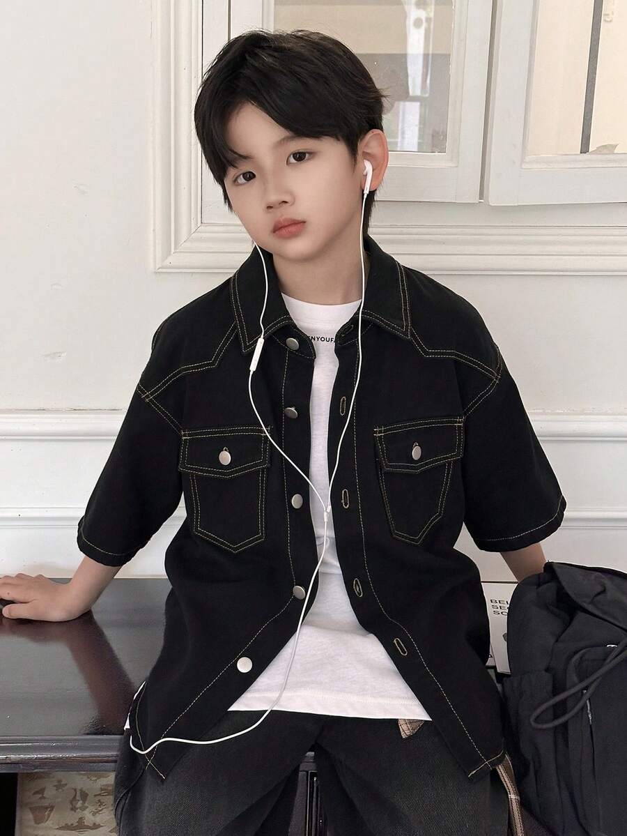 Dazy Kids Áo khoác dáng rộng, thoải mái, cổ bẻ cho bé trai (cỡ lớn), áo sơ mi denim. - màu đen - Xem 1