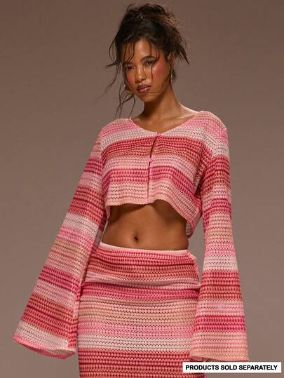 MUSERA เสื้อครอปแขนยาวลายทางผ่าหน้าติดกระดุม มีเท็กซ์เจอร์ สำหรับสาวๆ ฤดูใบไม้ผลิ ฤดูร้อน วันหยุดพักผ่อน ออกงานกลางคืน น่ารัก เหมาะสำหรับโอกาส Golden Sands