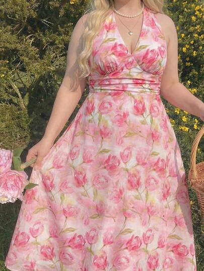 SHEIN MOD Vestido de mujer de talla grande con estampado integral, cuello halter y lazo en la cintura, vestido de longitud media, vestido de verano, vestido de festival, vestido de invitada de boda, vestido de graduación, vestido de ceremonia, vestido de baile de graduación, vestido de cumpleaños, vestido de té, atuendo casual, vestido midi con cuello halter y estampado floral vibrante con cintura en A, vestido floral rosa, vestido de noche para mujer, vestido de fiesta de jardín, vestido de verano