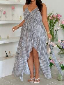 GalTyme Đầm dự tiệc/hẹn hò thời trang dành cho nữ cỡ lớn, họa tiết kẻ caro, xếp ly, xẻ tà. - Nhiều màu - Xem 7