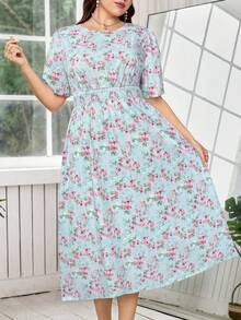 SHEIN Clasi Plus Size Elegant Ditsy Floral Dress, Summer - Baby Blue - View 5