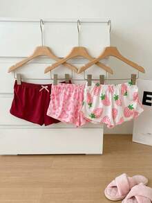SHEIN 3pcs Women's Sleepwear Bottoms Set,White And Pink,Summer,Cute Modest,Sleep Cute Heart Leopard Strawberry Print & Solid Color Bowknot Ruffle Shorts - Multicolor - View 6