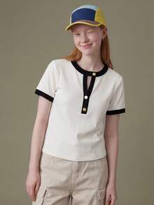 Elnivra Women's New Round Neck Contrast Trim Half-Placket Metal Button Short Sleeve Fitted Cropped Top - Black and White - View 3