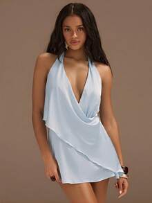 Athîral Women's Casual Camisole Sleeveless Sexy Elegant Solid Color V-Neck Satin Light Blue Mini Dress, Summer Party Dress, Daily Date Party Dress - Baby Blue - View 5