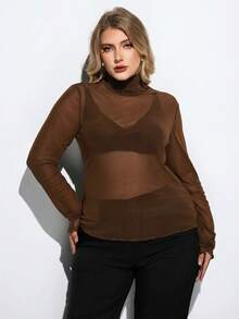 Maija Plus Size Women's High Neck Long Sleeve Sheer Blouse,Chocolate Brown Autumn Classy Night Out Club,Fitted Business Casual Mesh Top Mother's Day Outfit - Brown - View 5