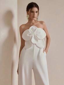 Anewsta Mono elegante con pierna ancha y decoración floral 3D hecho a mano, conjunto de festival elegante todo blanco para mujeres - Blanco - Ver 6