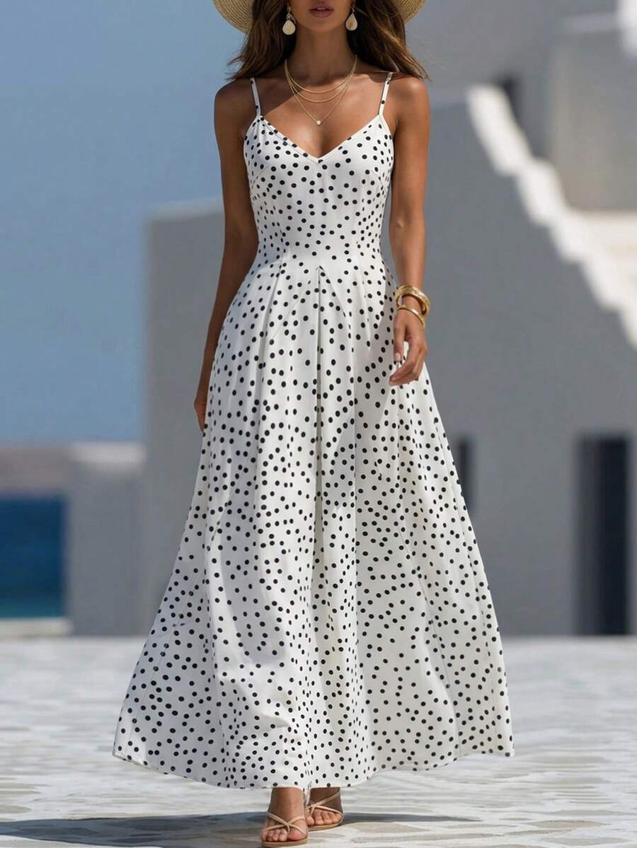 Balvessa French Retro Polka Dot V-Neck Adjustable Strap Ruched Flared Dress For Women - Multicolor - View 1