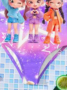 少女休闲卡通女孩肖像，鲜艳扎染，韩流明星连体泳衣，适合夏季穿着 - 彩色 - 查看 4
