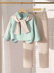3pcs Tween Boy Outfit: Striped Casual Shirt, Khaki Pants & Shawl, Suitable For Daily Outings, Birthday Parties, Weddings, Performances - Green - View 1