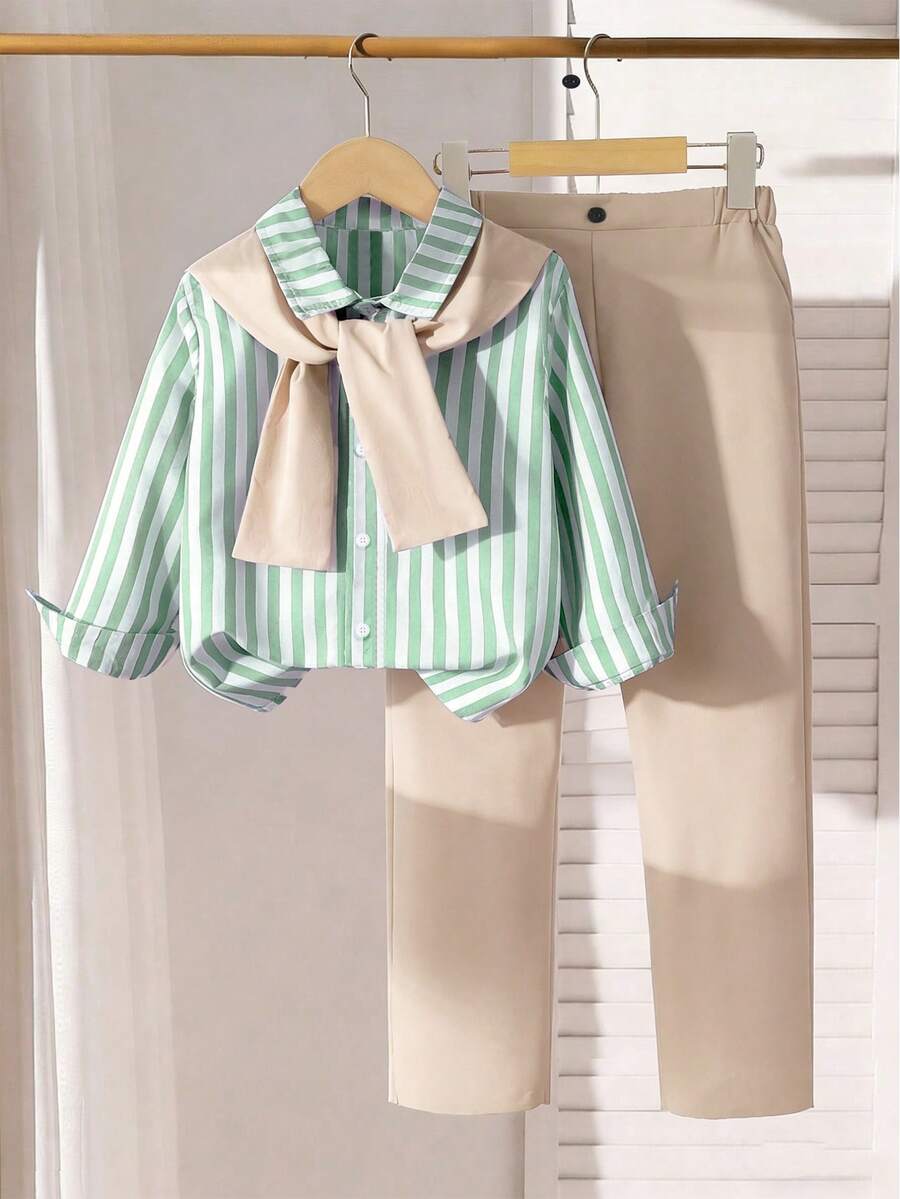 3pcs Tween Boy Outfit: Striped Casual Shirt, Khaki Pants & Shawl, Suitable For Daily Outings, Birthday Parties, Weddings, Performances - Green - View 1