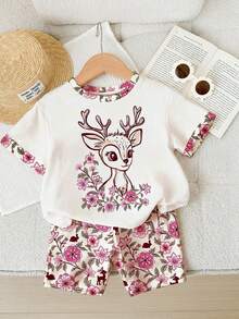 SHEIN Conjunto de camiseta de manga corta holgada con estampado floral y shorts de cintura elástica para bebé niña, verano - Rosa - Ver 3