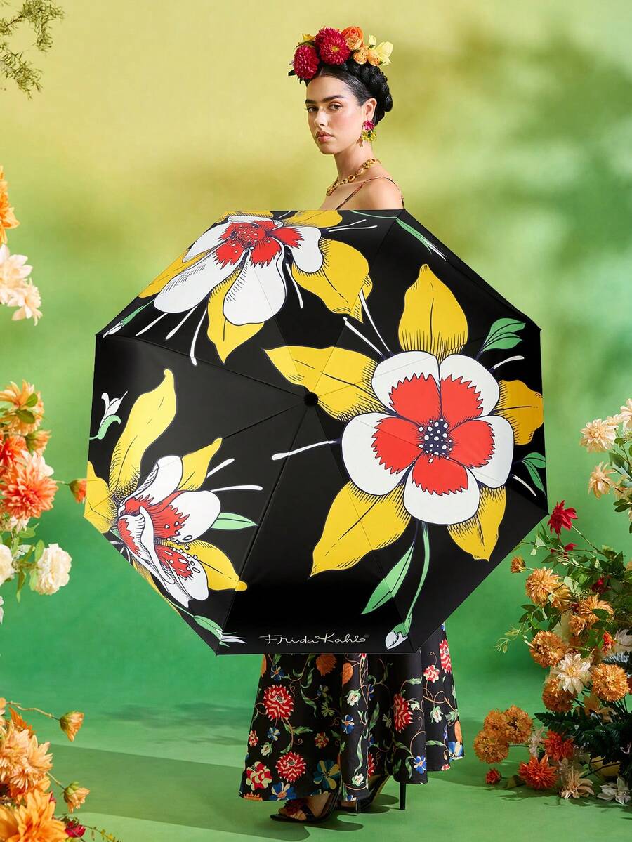 Frida Kahlo X SHEIN 1把印花图案雨伞,UPF 50+ 防紫外线,适合学校、工作、户外活动和日常使用,专为大学生、高中生、男女设计,墨西哥风格,热带花卉、蝴蝶、弗里达·卡罗、复古艺术,展现女性力量。 - 彩色 - 查看 1