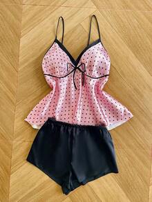 SilkySpell Contrast Color Polka Dot Print Sexy Deep V Camisole & Shorts Plus Size Faux Silk Pajama Set - Pink - View 2