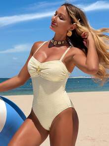 Shapewave Summer Textured Fabric Functional Charm Tropical Holiday Beach Vacation Vacation One-Piece Swimsuit For Women Beige Elegant Tropical - Multicolor - View 4