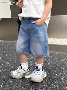 SHEIN 男童夏季复古水洗猫须宽松蓝色牛仔百慕大短裤，男童春夏街头服饰及春假穿搭 - 中等水洗藍 - 查看 3