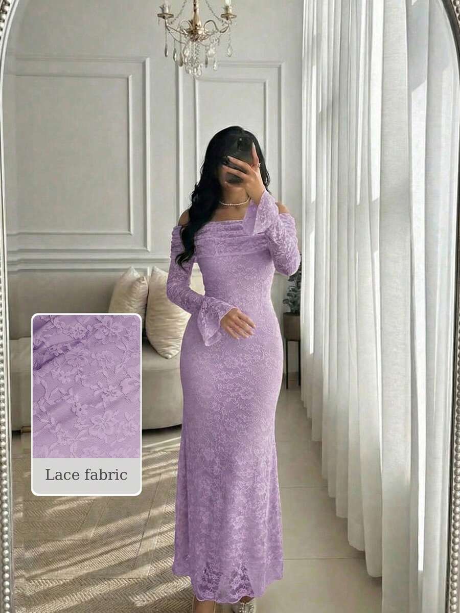 Modelyn 女士杏色针织蕾丝褶皱露肩长袖收腰A字修身优雅连衣裙 - 紫色 - 查看 1