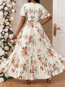 SHEIN Lady Đầm ngắn tay xếp ly cổ chữ V in hoa cỡ lớn, thanh lịch - Nhiều màu - Xem 3