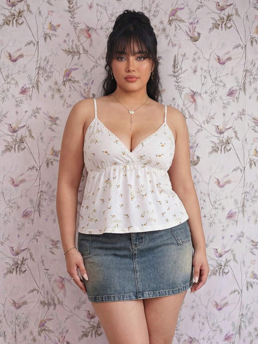 CovetEZ Plus Size Casual Ditsy Floral Ruffle Hem Camisole Top, Vacation Style, Spring/Summer 2026 New Arrival Babydoll Top Cute Summer Top - Multicolor - View 1