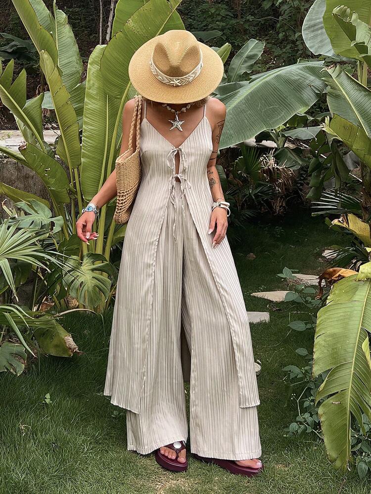 Women's V-Neck Bohemian Casual Sleeveless Off-Shoulder Long Vest Top, Brown, Spring & Summer Lounge Sets For Women