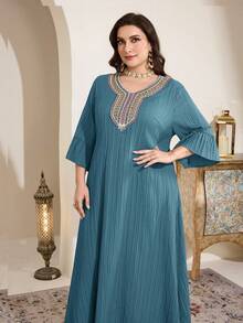 Al Najma Plus Size Women's Turkish Maxi Dress, Traditional Arabic Long Robe - Blue - View 6