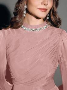 New Elegant Sparkling Ruched Dress With Long Sleeves, Suitable For Party, Date, Outing In Spring And Summer - Baby Pink - View 6