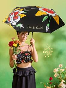 Frida Kahlo X SHEIN 1把印花图案雨伞，UPF 50+ 防紫外线，适合学校、工作、户外活动和日常使用，专为大学生、高中生、男女设计，墨西哥风格，热带花卉、蝴蝶、弗里达·卡罗、复古艺术，展现女性力量。 - 彩色 - 查看 2