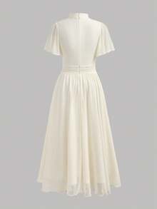 SHEIN Pitira Kids Teen Girls Elegant Ruched High Waist A-Line Flare Sleeve Dress, Suitable For Party, Daily, Beach, Vacation Modest White Dress White Maxi Dress White Dress For Women Bridesmaid Dress Squishy Girly Era Elegant Outfit - Apricot - View 4