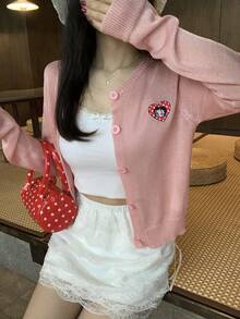 DAZY 女士休闲日常/通勤/度假波点爱心刺绣单排扣开衫，春秋季 - 粉色 - 查看 1