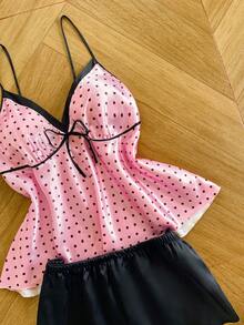 SilkySpell Contrast Color Polka Dot Print Sexy Deep V Camisole & Shorts Plus Size Faux Silk Pajama Set - Pink - View 4