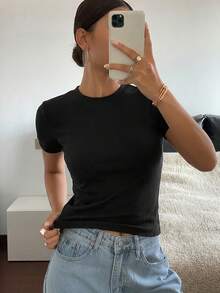 Livesso T-shirt ajusté à manches courtes rayé pour femmes, été - Noir - Voir 2