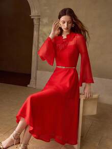MOTF PREMIUM WOMEN'S ELEGANT FASHION BELL SLEEVE MID-LENGTH DRESS - Bright Red - View 5