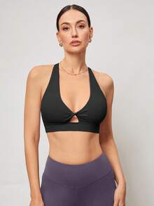 Activina Women's Solid Color Twist Neck Sports Bra - Black - View 4