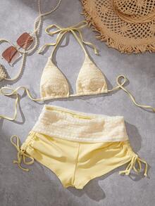 Swim Mod Ensemble de maillot de bain 2 pièces avec short à lacets sexy dos nu, jacquard + couleur unie, nouvelle mode printemps/été 2026 - Jaune citron - Voir 1