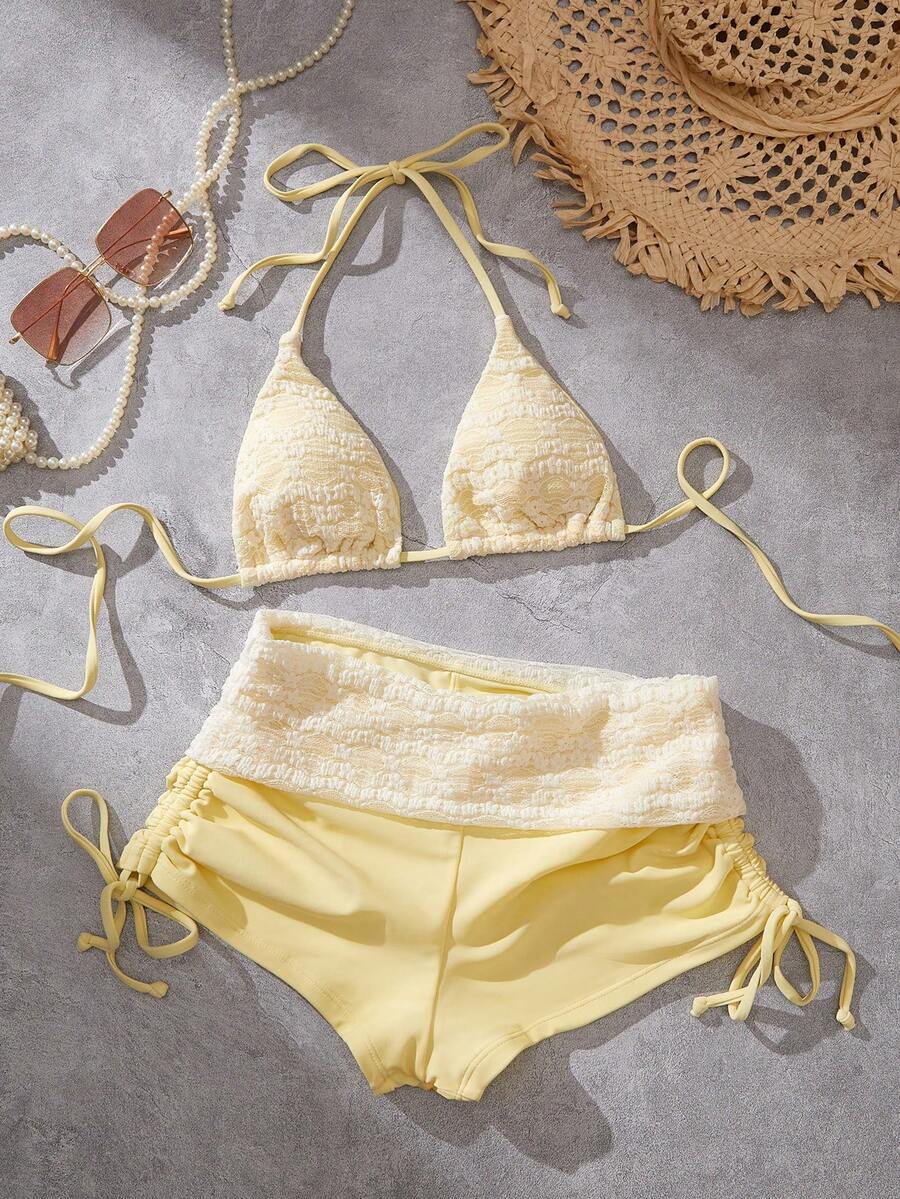 Swim Mod Ensemble de maillot de bain 2 pièces avec short à lacets sexy dos nu, jacquard + couleur unie, nouvelle mode printemps/été 2026 - Jaune citron - Voir 1