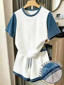 Ladies' Denim Effect Printed Patchwork Round-Neck Long-Sleeved Casual Loose T-Shirt And Shorts Set, Suitable For Summer, Casual And Versatile Style, Fashion , Stylish Set, Beautiful Set, Gift For Siblings, Gift For Sisters, Gift For Mom, Mother's Day Gift, Casual Yet Fashionable Set - White - View 3