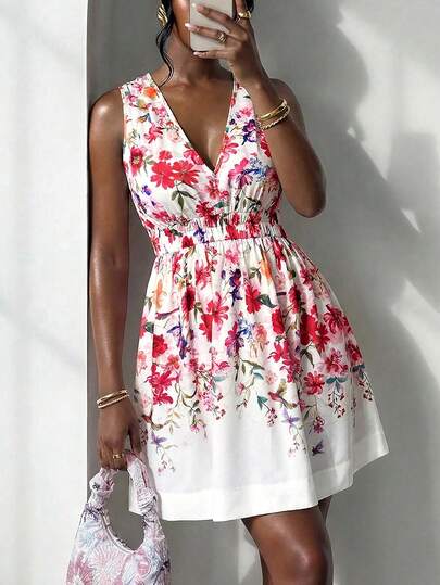 Slaydiva 新款春季、春夏音乐节、情人节、复活节、婚礼季、假日季、休闲、优雅、通勤、日常穿着、工作服、度假、派对、邮轮、派对、基础款、日常约会、V领、露肩、褶裥腰身、松紧带、A字摆裙、伞裙、彩色花朵定位印花迷你裙、女士迷你连衣裙 -A