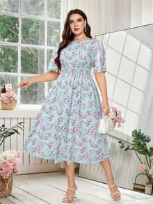 SHEIN Clasi Plus Size Elegant Ditsy Floral Dress, Summer - Baby Blue - View 3