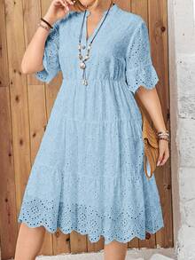 Breezaya Đầm nữ cỡ lớn mùa hè đi biển màu trơn kiểu Schiffy cổ khoét, tay bồng, xếp tầng - Màu xanh nhạt - Xem 1