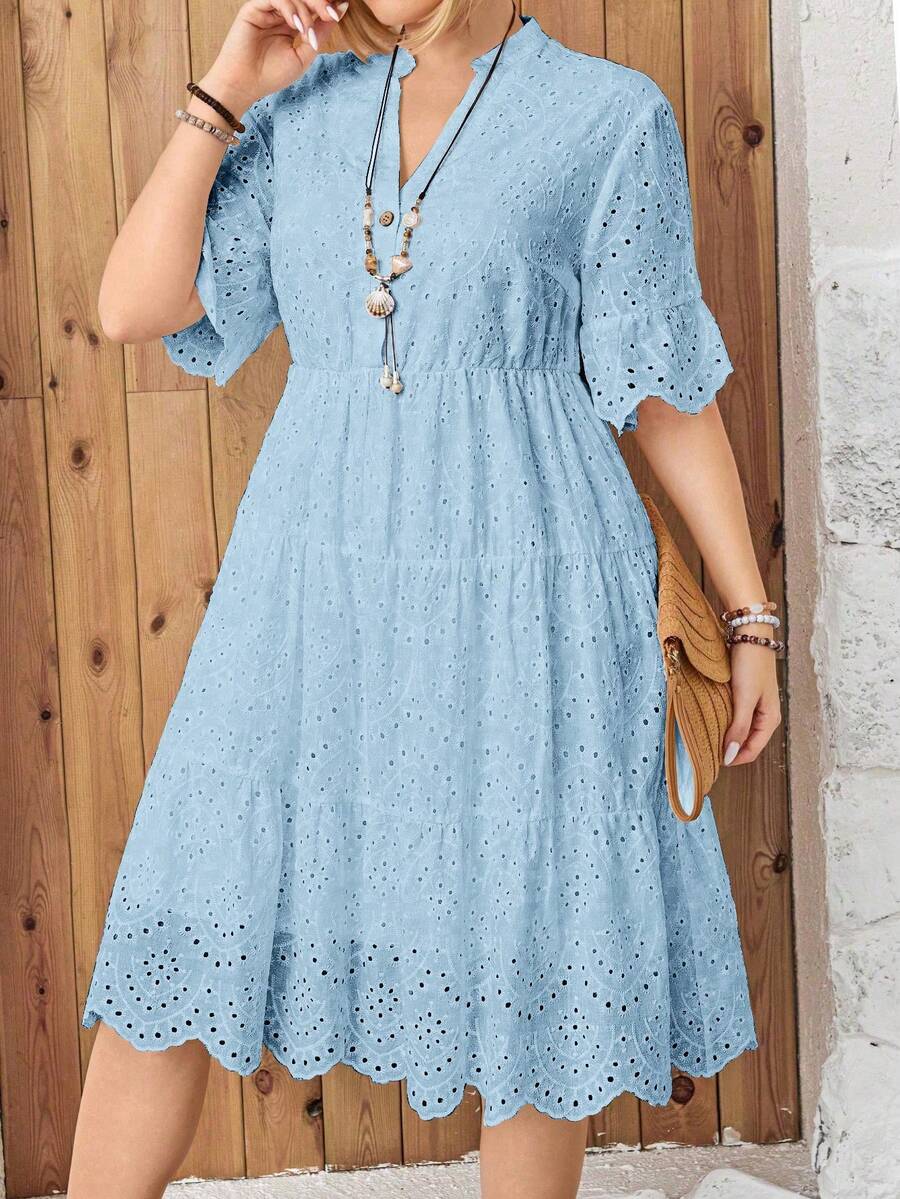 Breezaya Đầm nữ cỡ lớn mùa hè đi biển màu trơn kiểu Schiffy cổ khoét, tay bồng, xếp tầng - Màu xanh nhạt - Xem 1