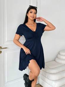 Solflare Plus Size Women V-Neck Front Twist Dress, Navy Blue - Navy Blue - View 6