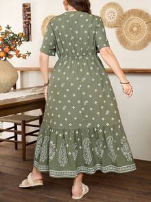 Lacomfia Plus Size Women V-Neck Short Sleeve Waist Fit A-Line Floral Elegant Dress - Green - View 2