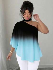 Elenzga Plus Size Contrast Color Ombre Tie Shoulder Asymmetrical Hem Blouse - Multicolor - View 3