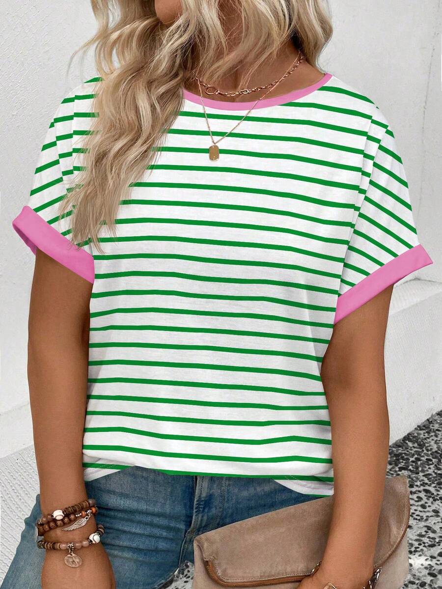 EMERY ROSE Camiseta de manga corta con cuello redondo y estampado de rayas, de talla grande, casual y versátil para primavera/verano - Multicolor - Ver 1