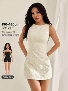 SHEIN PETITE 复古优雅度假连衣裙，春夏修身提花连衣裙，无袖吊带裙，绿色迷你连衣裙 - 杏色 - 查看 4