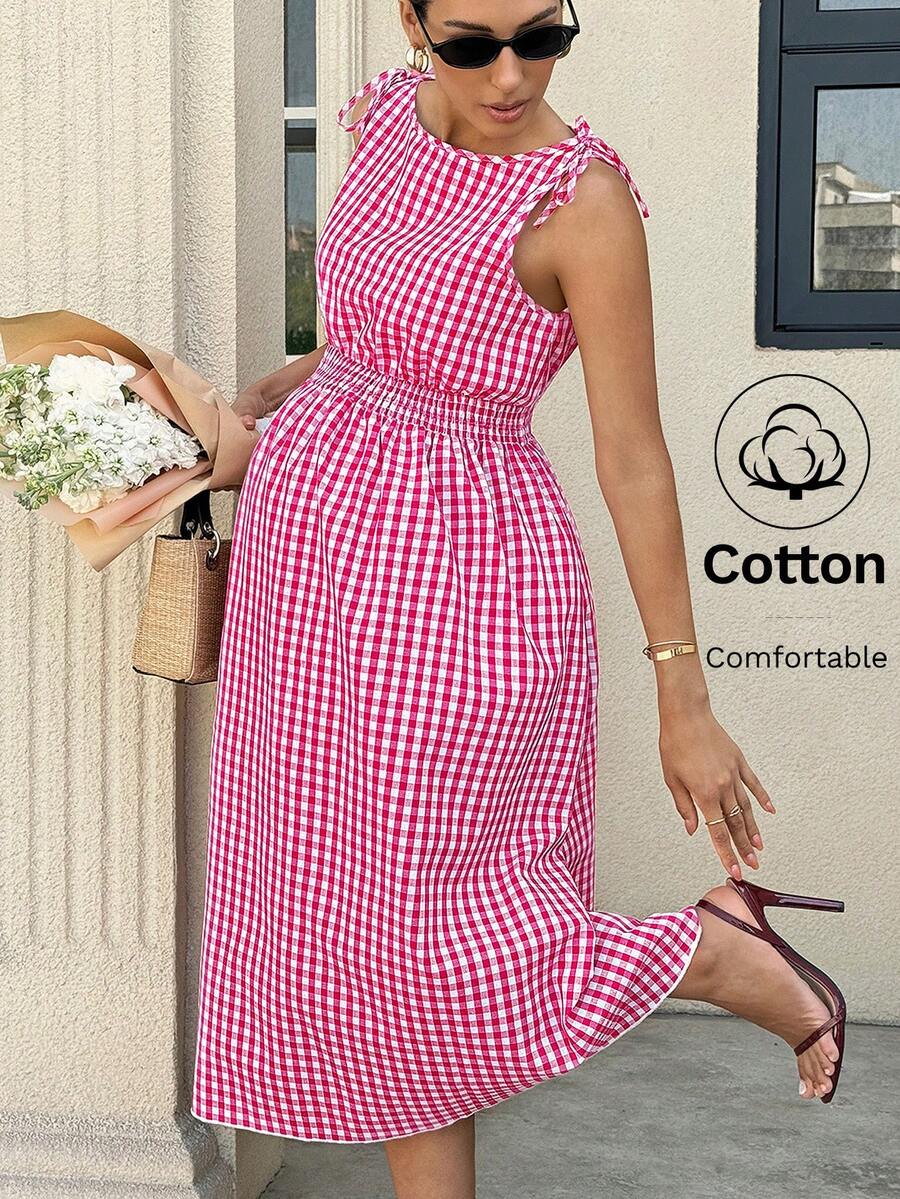 MaterniWear Maternity Plaid Print Round Neck Sleeveless Dress - Hot Pink - View 1