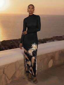 CAJUNI Vestido de verano elegante con espalda abierta y estampado de palmeras doradas - Negro - Ver 2